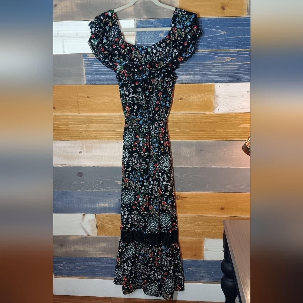 Philosophy Floral Maxi Dress L Black Bohemian Lace